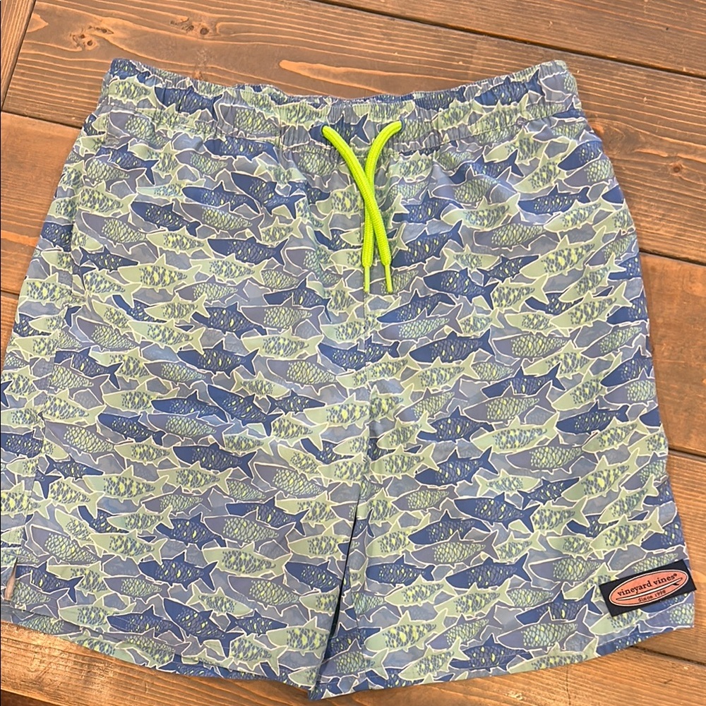 Vineyard Vines Blue and Green Swim Trunks with Fish Pattern